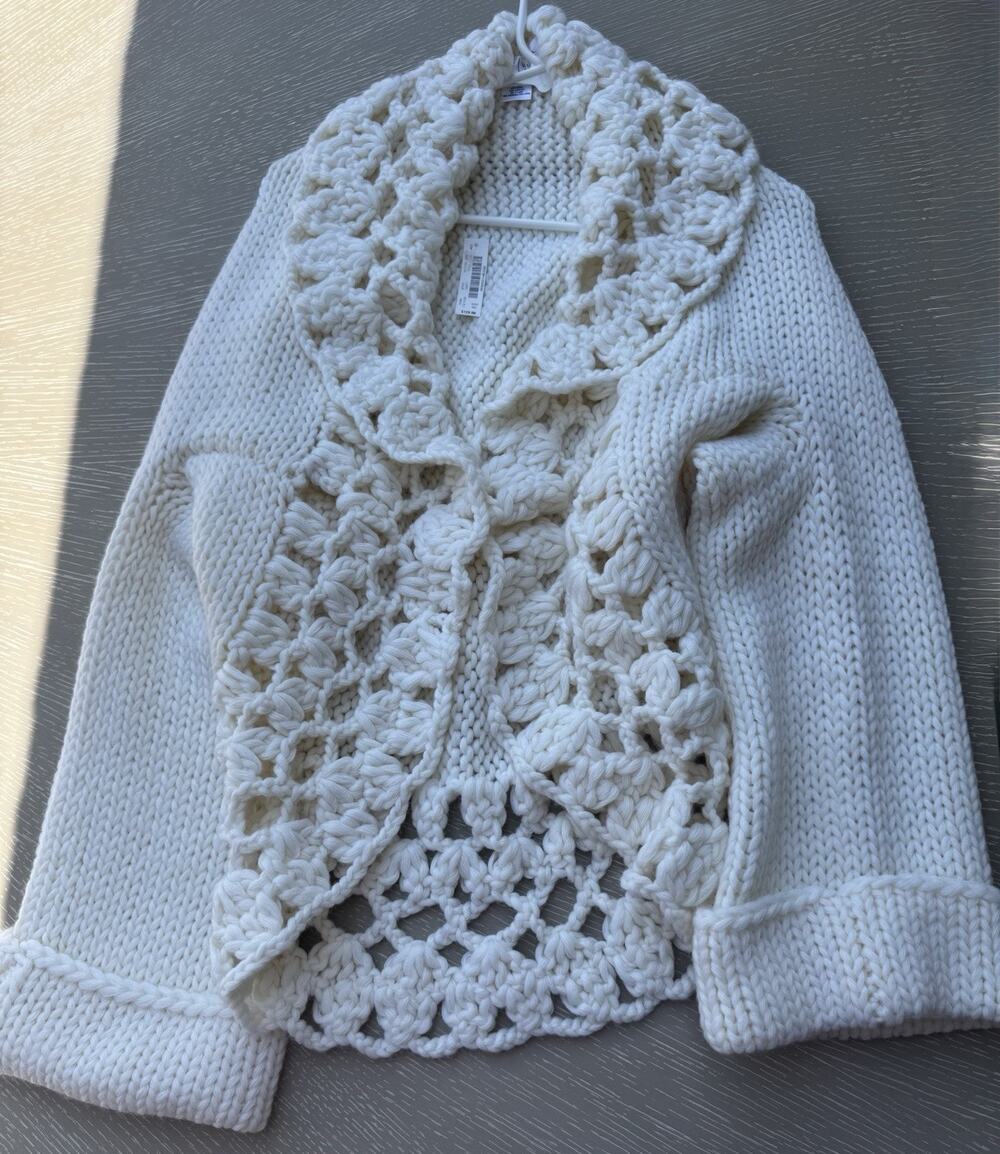 NWT White House Black Market M/L Chunky Crochet Cardigan Sweater Cream Wool